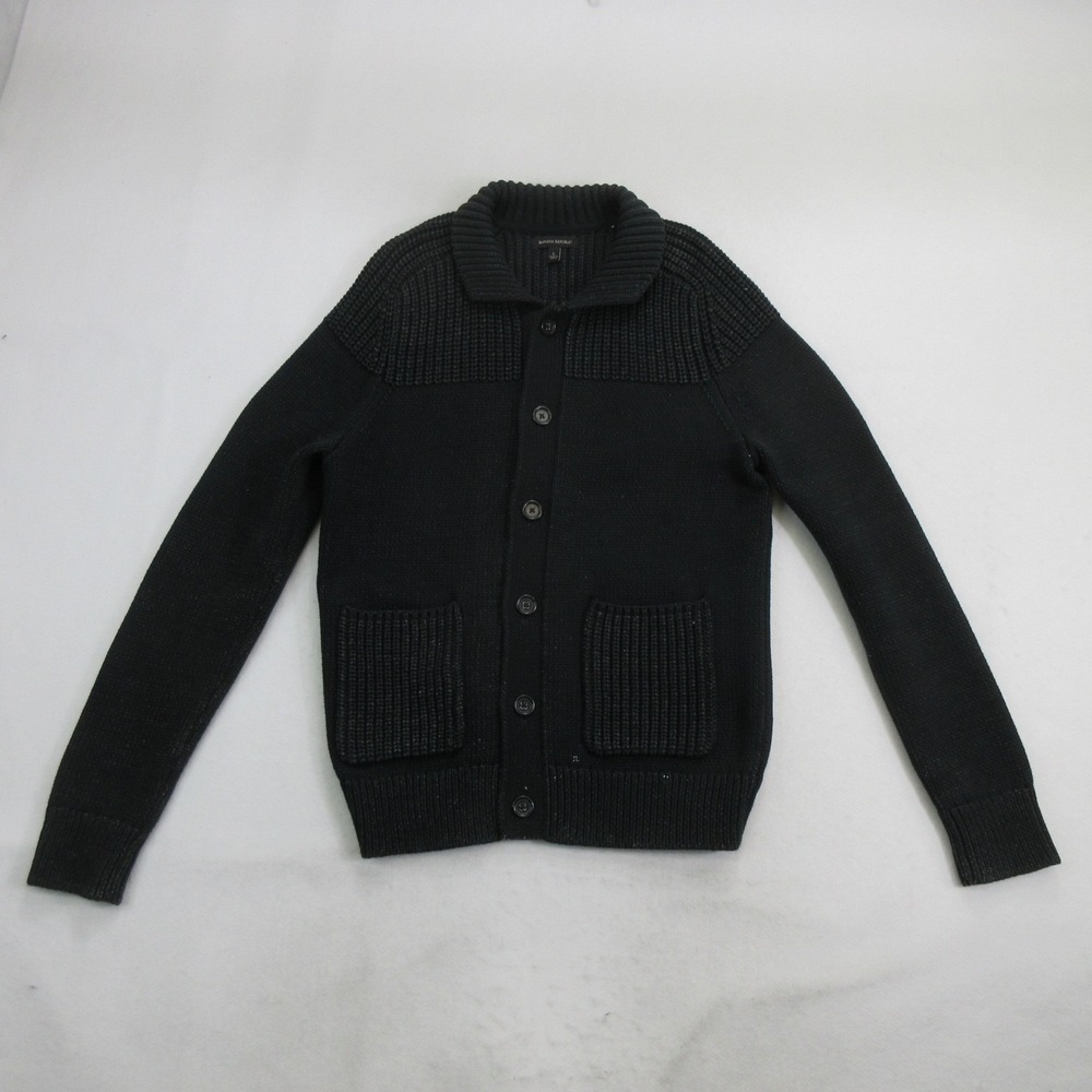 Banana Republic Men Sweater L Cardigan Black Button Front Ribbed Knit Collar